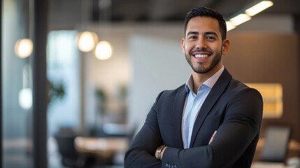 Fototapeta premium Smiling young professional in business attire standing confidently indoors