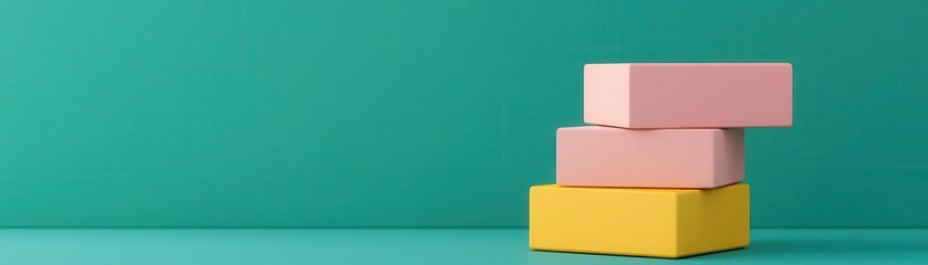 A stack of colorful boxes in pink and yellow against a teal background, creating a vibrant and modern aesthetic.