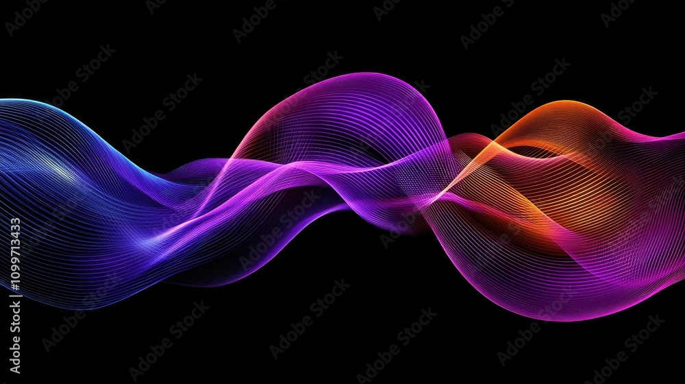 Poster abstract wavy lines in neon colors on a dark background, each line flowing in parallel to create a r