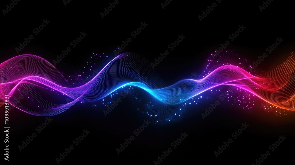 Poster abstract wavy lines in neon colors on a dark background, each line flowing in parallel to create a r