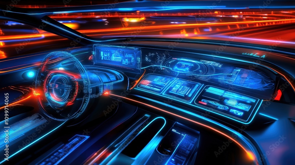 Poster visualize a futuristic car that uses advanced technology to create a safer driving experience. the v