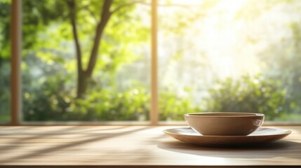 Elegant tableware set on a rustic wooden table with soft sunlight filtering through large windows, showcasing a serene outdoor view of a majestic tree.