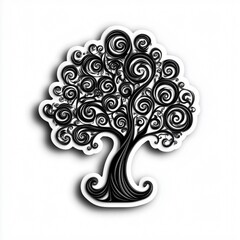 Decorative swirling tree sticker with shadow effect on white background