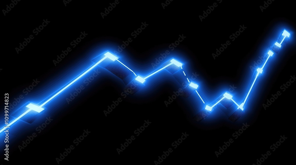 Poster an abstract financial line graph with sharp peaks and dips, glowing in neon blue on a black backgrou