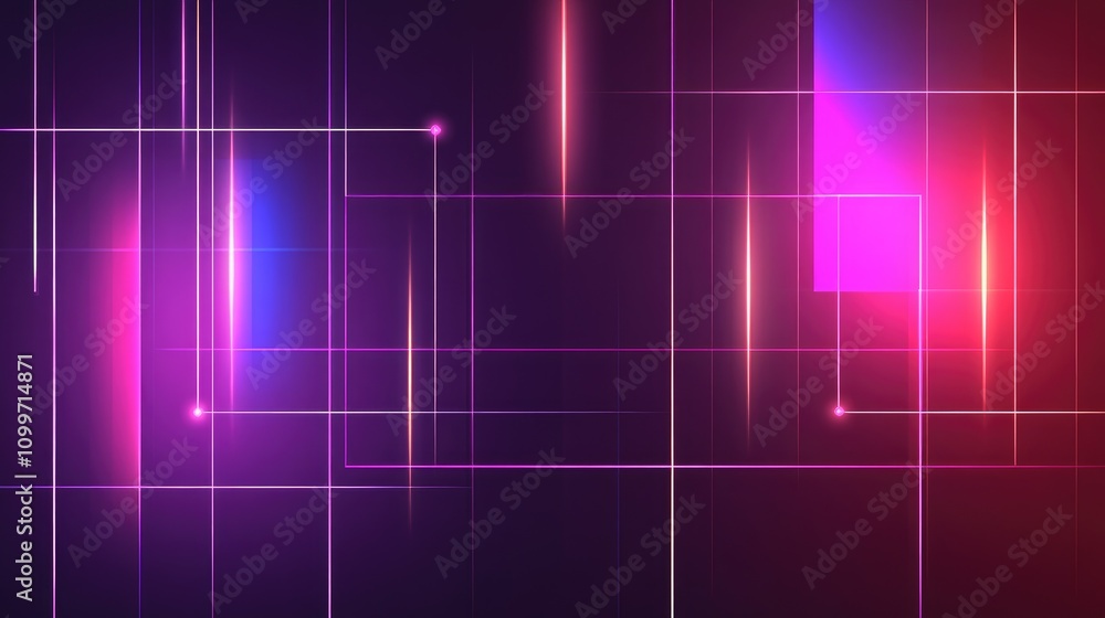 Poster an abstract grid of glowing neon lines on a dark background, with interconnected points forming a fu