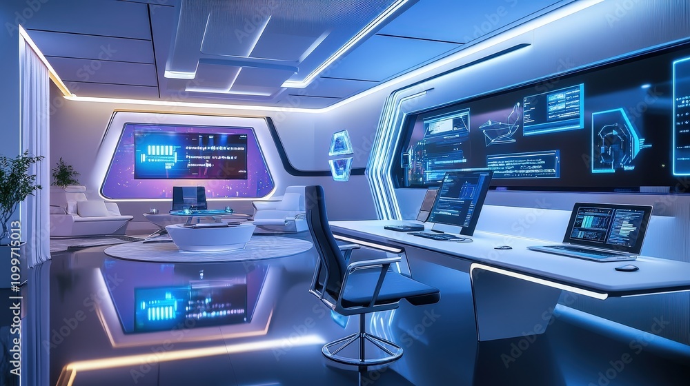 Poster visualize a modern workspace where ai helps professionals with content creation. a virtual assistant