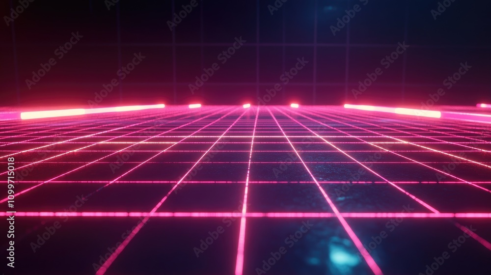 Poster an abstract grid of glowing neon lines on a dark background, with interconnected points forming a fu