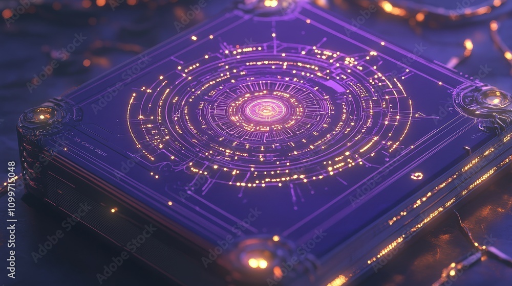 Poster visualize a notebook from the future with a detailed, luminous mandala on the cover. the intricate d