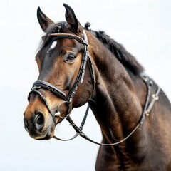 Obraz premium Horse portrait in bridle on black background Horse portrait in bridle on black background