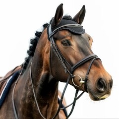 Fototapeta premium Horse portrait in bridle on black background Horse portrait in bridle on black background