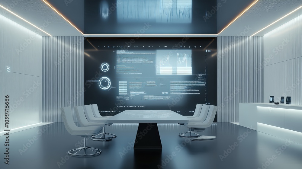 Poster visualize a professional workspace where an ai software is used to analyze data on a large, transpar