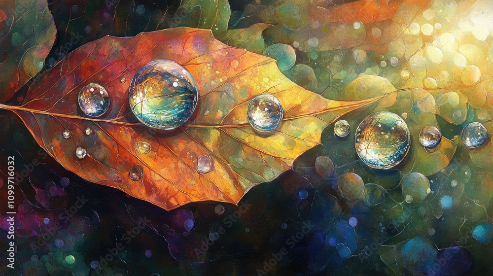 Poster an artistic image of a leaf with large water droplets rolling off its edge, emphasizing movement and