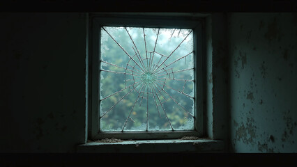 Fototapeta premium Cracked windowpane overlooking a misty forest.