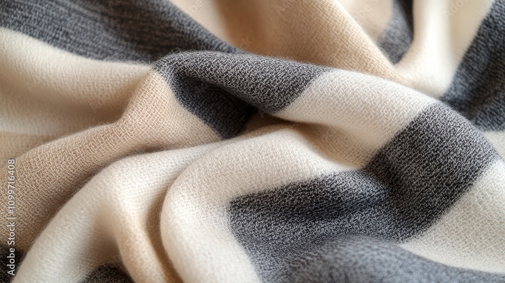 Poster visualize a soft winter scarf with a thin, minimalist pattern of horizontal stripes in neutral shade