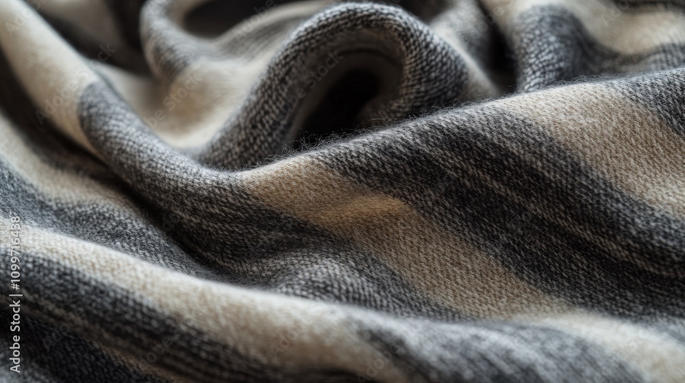 Poster visualize a soft winter scarf with a thin, minimalist pattern of horizontal stripes in neutral shade