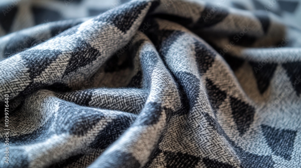 Poster visualize a soft wool scarf with a delicate pattern of repeating small triangles. the scarf is light