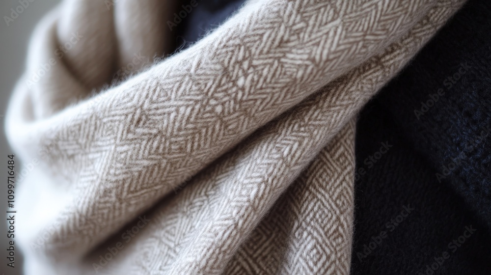 Poster visualize a soft wool scarf with a delicate pattern of repeating small triangles. the scarf is light