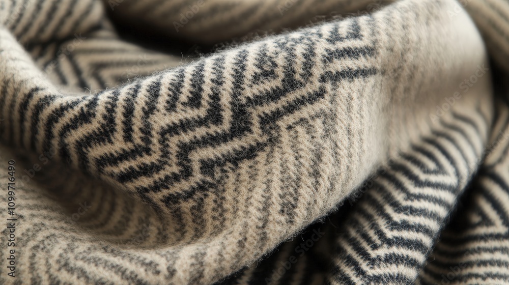 Poster visualize a soft wool scarf with a delicate pattern of repeating small triangles. the scarf is light