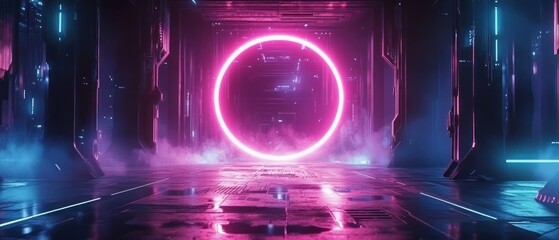 Obraz premium Futuristic Neon Corridor With Glowing Circular Portal