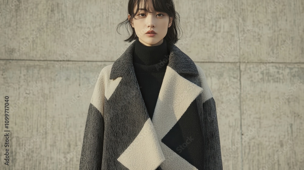 Poster visualize a winter coat with minimalist geometric patterns in neutral colors like beige and charcoal