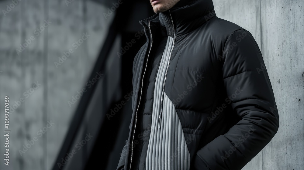 Poster visualize a winter jacket with a streamlined design featuring thin, vertical lines in contrasting to