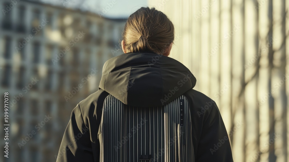 Poster visualize a winter jacket with a streamlined design featuring thin, vertical lines in contrasting to