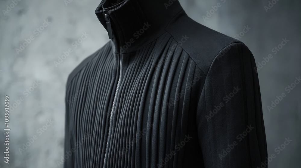Poster visualize a winter jacket with a streamlined design featuring thin, vertical lines in contrasting to