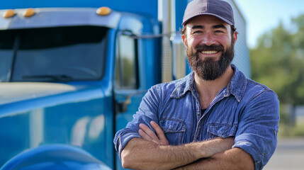 Smiling truck driver standing confidently in front of his blue truck