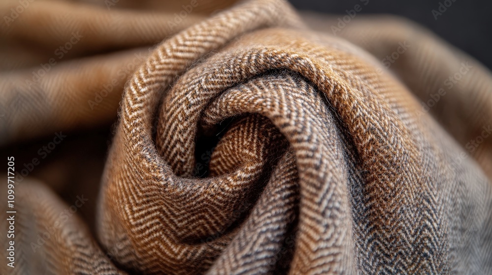 Poster visualize a winter scarf made of a soft wool blend, featuring a delicate zigzag pattern in muted ton