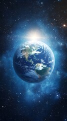 Obraz premium Vibrant Earth seen from space, illuminated by a radiant star in the background.