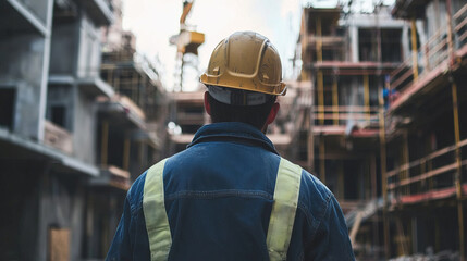 Obraz premium Young engineer observing ongoing construction work at site