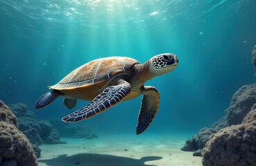 Sea turtle swims in tropical ocean. Sunlight shines underwater. Sandy ocean floor. Rocks, coral reefs are visible. Ocean turtle swims gracefully. Marine life thrives. Eco tourism. Conservation theme.