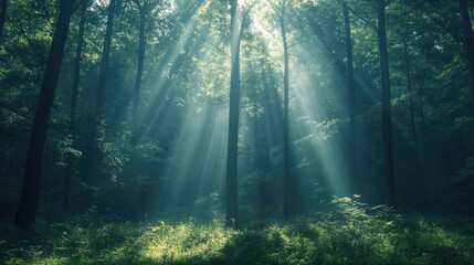 Obraz premium Serene forest scene illuminated by soft light beams filtering through tall trees, creating a tranquil and dreamy atmosphere.