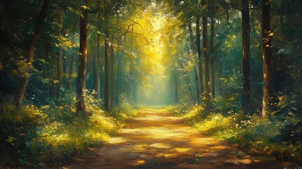 Obraz premium Pathway leading to serene lake surrounded by lush trees, peaceful nature landscape, sunlight through leaves, tranquil environment, scenic escape, idyllic outdoor view.