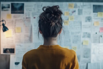 Woman analyzing notes and documents on a wall at night in a dimly lit room