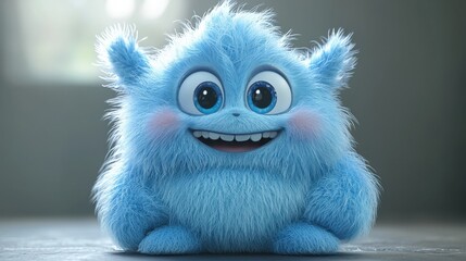 Fototapeta premium Cute fluffy blue creature smiling brightly in a warm indoor setting