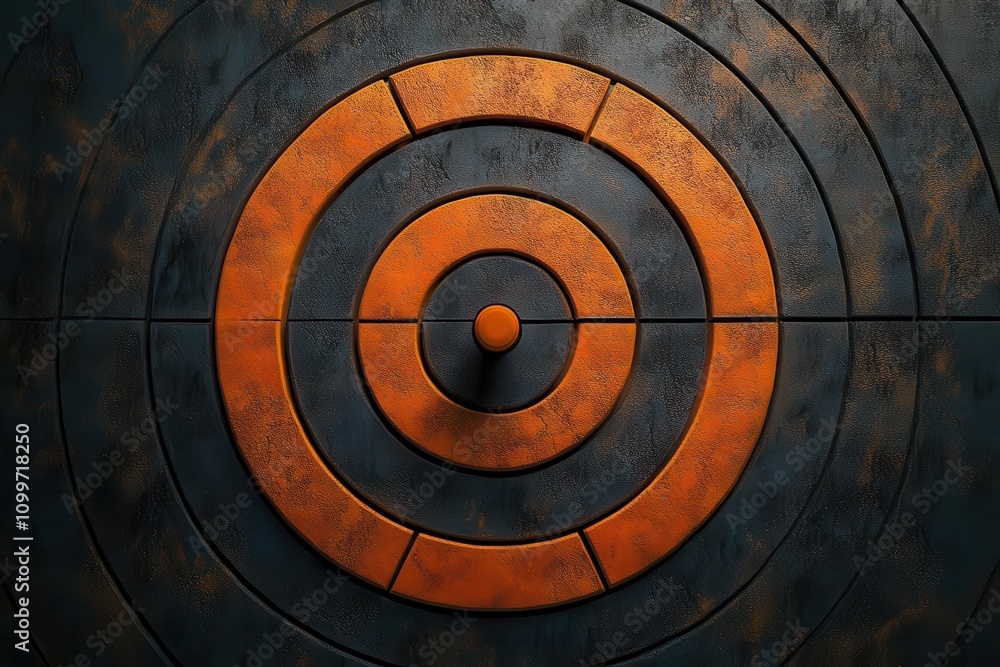 Poster a close-up view of a circular target design featuring concentric rings in orange and dark tones, sym