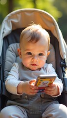 A baby is holding a cell phone in a stroller. The baby is looking at the screen with a curious expression, vertical