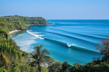 Naklejka premium A scenic view of a tropical beach with perfect ocean waves, lush greenery, and a serene blue sky, showcasing nature's tranquility and beauty