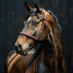 Obraz premium Portrait of bay horse isolated on black background. horse