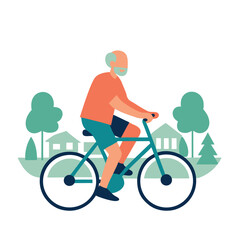 Obraz premium Elderly man riding bicycle in the park. Flat style vector illustration.