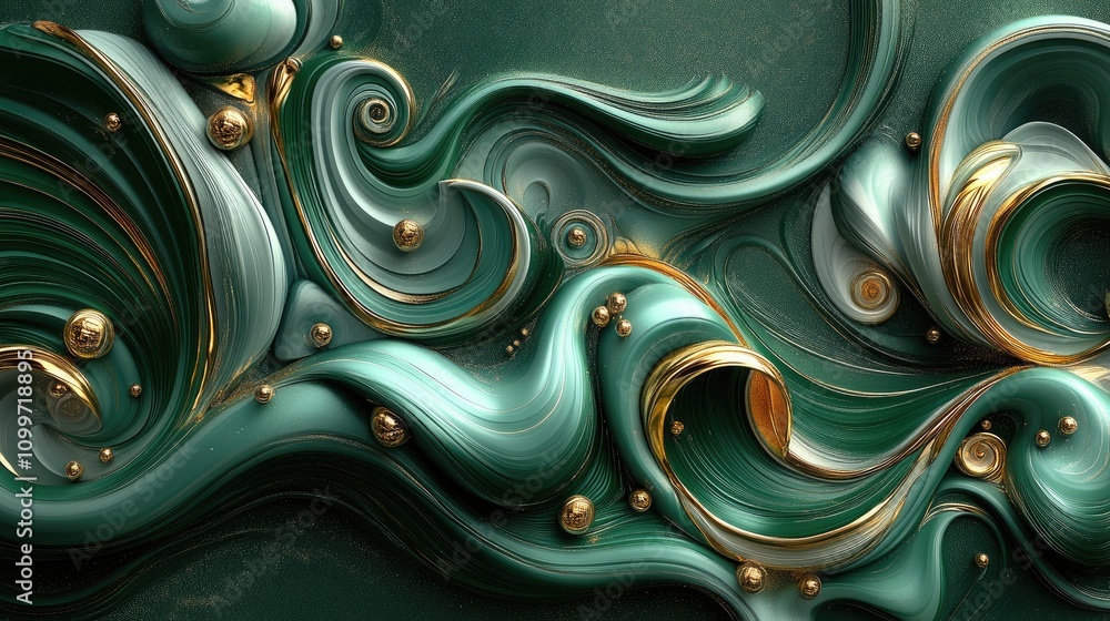 Poster an intricate pattern of fluid lines and shapes in shades of green and gold, forming an elegant abstr