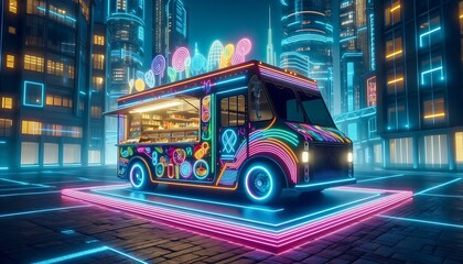 Obraz premium illuminated street food truck with colorful neon lights, parked against futuristic city backdrop