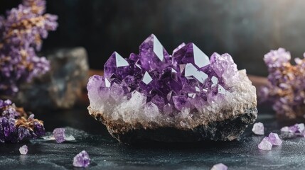 Amethyst crystal cluster with sharp purple points resting on a stone base, surrounded by scattered smaller crystals and set against a dark background.