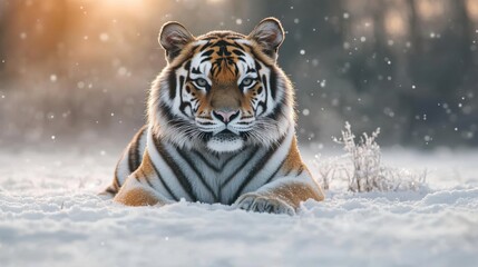 Tiger in snowfall staring intensely, beautiful Siberian predator, majestic winter wildlife, nature close-up, fierce expression, snow-covered fur, endangered species, wild environment.