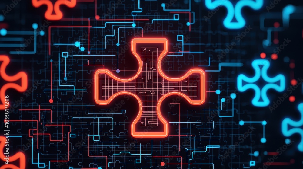 Aufkleber abstract neon digital cross design with circuit patterns