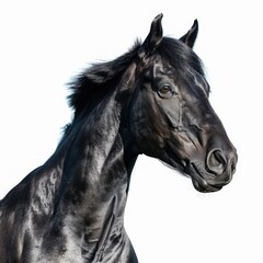 Fototapeta premium Portrait of black Pura Spanish horse on white background. horse