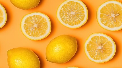 Obraz premium Fresh Lemon Slices and Whole Lemons on Vibrant Yellow Background