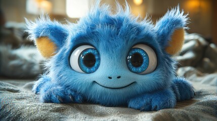 Fototapeta premium Cute blue furry creature with large eyes resting on soft surface in a cozy indoor setting