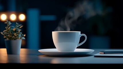 Relaxing evening coffee moment cozy home office beverage photography natural light intimate view calm concept